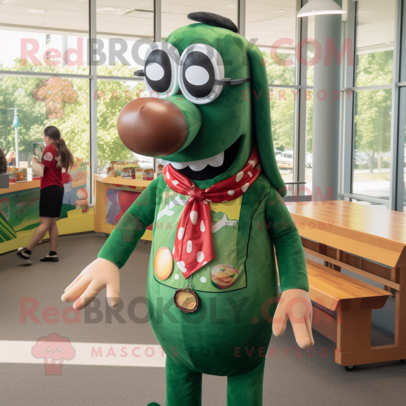 Forest Green Hot Dog mascot costume character dressed with a Button-Up Shirt and Eyeglasses