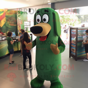 Forest Green Hot Dog mascot costume character dressed with a Button-Up Shirt and Eyeglasses