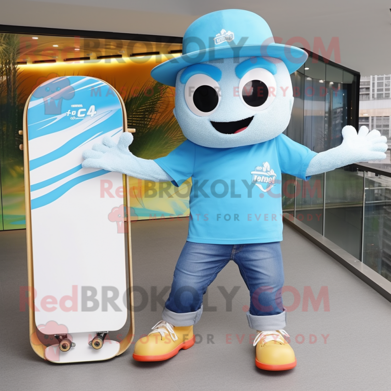 Sky Blue Skateboard mascot costume character dressed with a T-Shirt and Caps