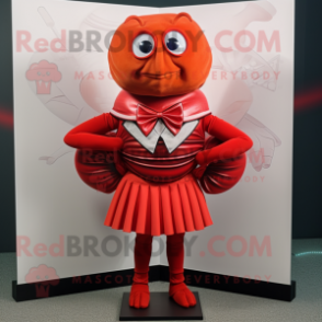 Red Trilobite mascot costume character dressed with a Mini Skirt and Bow ties