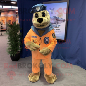 Peach Navy Seal mascot costume character dressed with a Oxford Shirt and Shawls