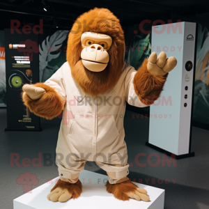 Cream Orangutan mascot costume character dressed with a Jumpsuit and Beanies