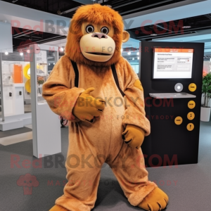 Cream Orangutan mascot costume character dressed with a Jumpsuit and Beanies