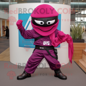 Magenta Ninja mascot costume character dressed with a Oxford Shirt and Handbags