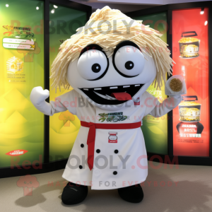 White Ramen mascot costume character dressed with a Jumpsuit and Clutch bags