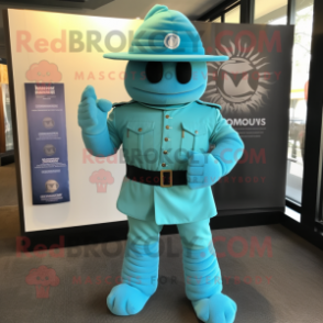 Turquoise Commando mascot costume character dressed with a Empire Waist Dress and Hats