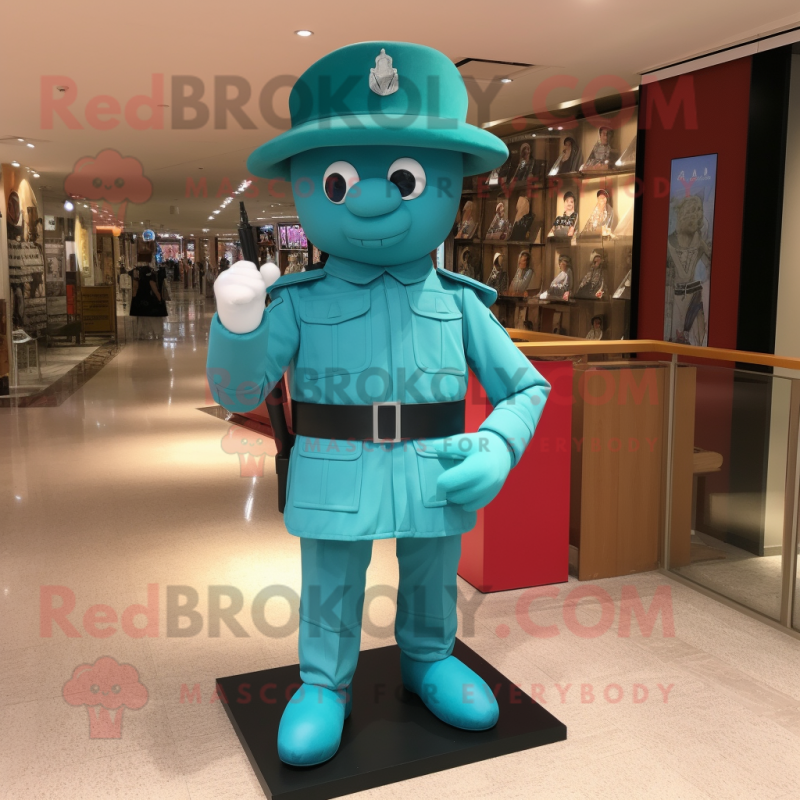 Turquoise Commando mascot costume character dressed with a Empire Waist Dress and Hats