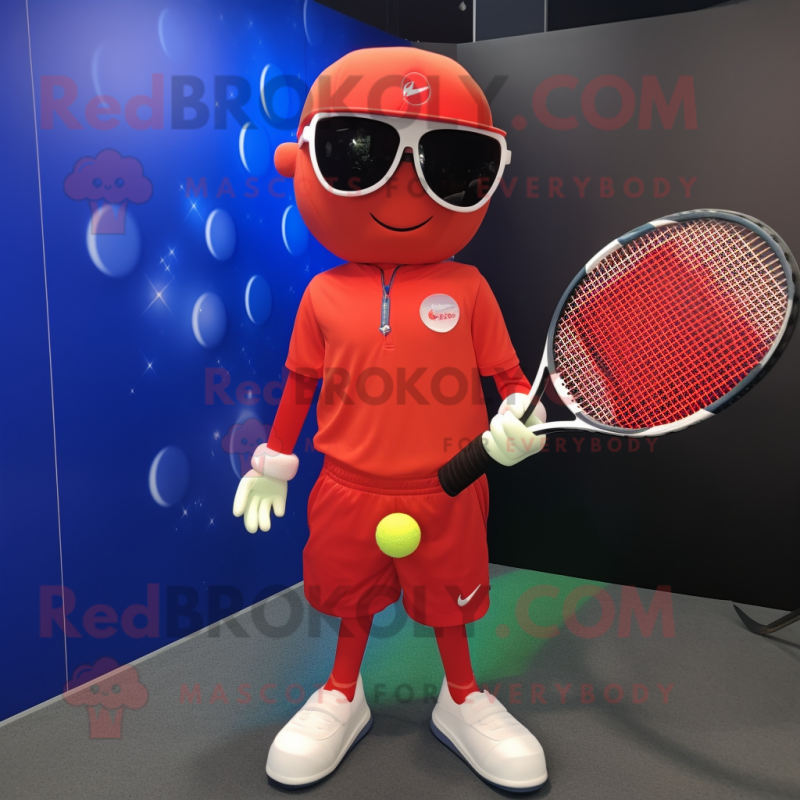 Red Tennis Racket mascot costume character dressed with a Dress Pants and Sunglasses