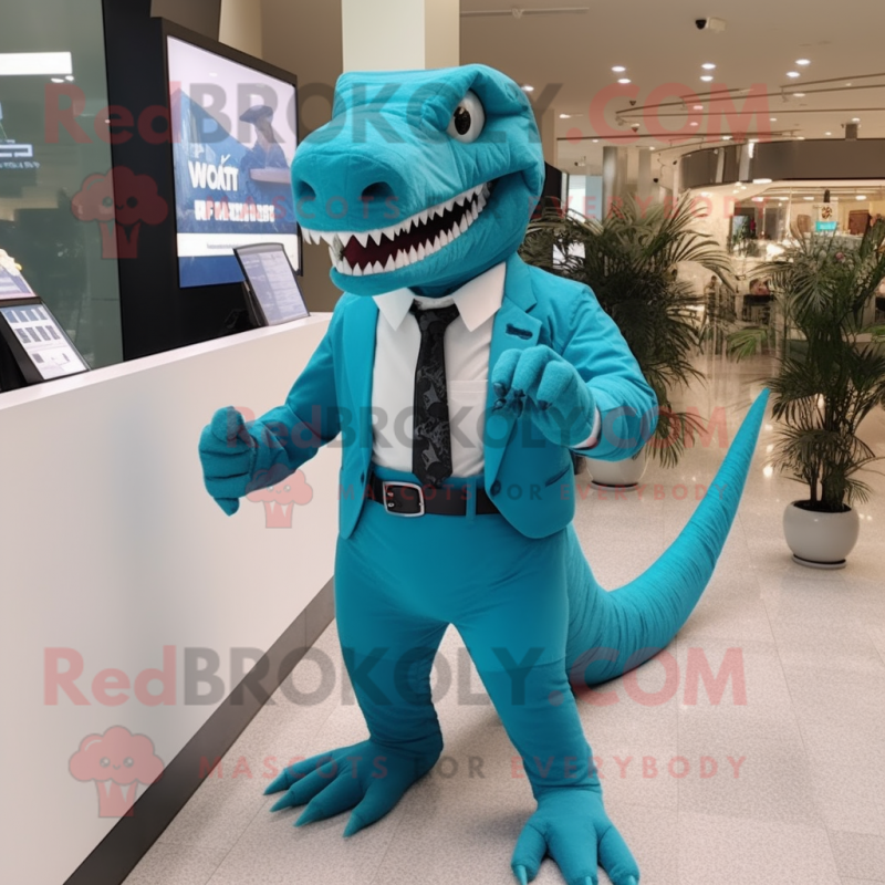 Turquoise Allosaurus mascot costume character dressed with a Suit Pants and Smartwatches