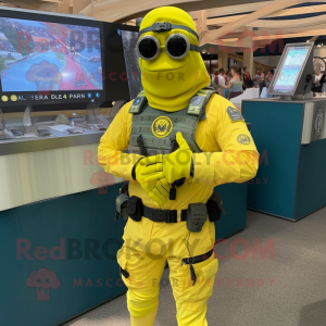 Lemon Yellow Marine Recon mascot costume character dressed with a Rash Guard and Bracelet watches