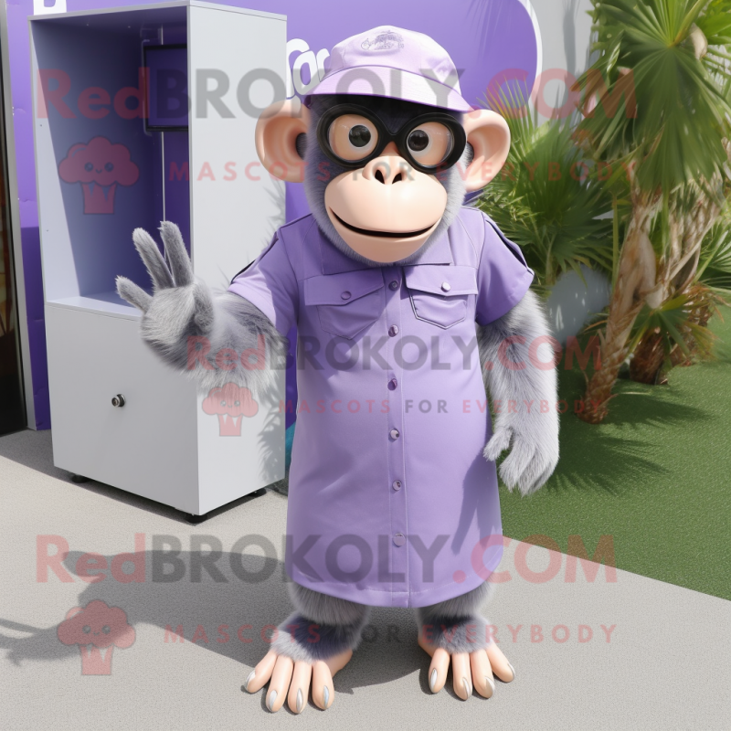 Lavender Chimpanzee mascot costume character dressed with a A-Line Skirt and Sunglasses