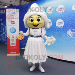 White Fish And Chips mascot costume character dressed with a Ball Gown and Keychains