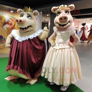 Cream Wild Boar mascot costume character dressed with a Ball Gown and Clutch bags