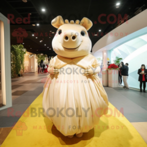 Cream Wild Boar mascot costume character dressed with a Ball Gown and Clutch bags