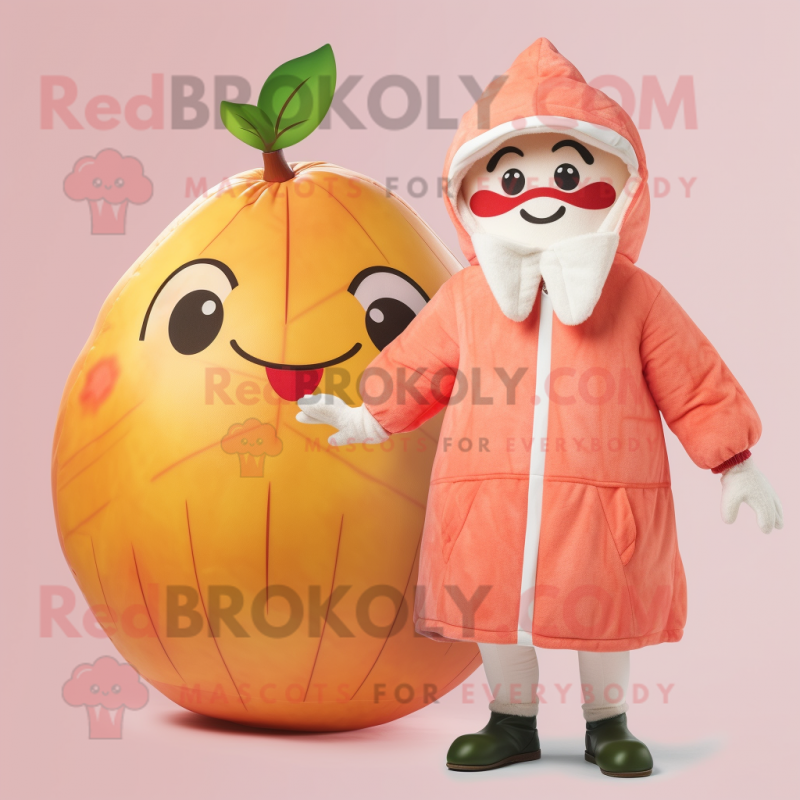 Peach Grapefruit mascot costume character dressed with a Parka and Mittens