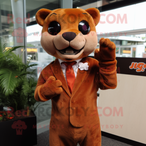 Rust Jaguarundi mascot costume character dressed with a Suit Pants and Brooches