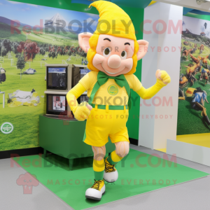 Lemon Yellow Leprechaun mascot costume character dressed with a Running Shorts and Messenger bags