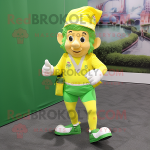 Lemon Yellow Leprechaun mascot costume character dressed with a Running Shorts and Messenger bags