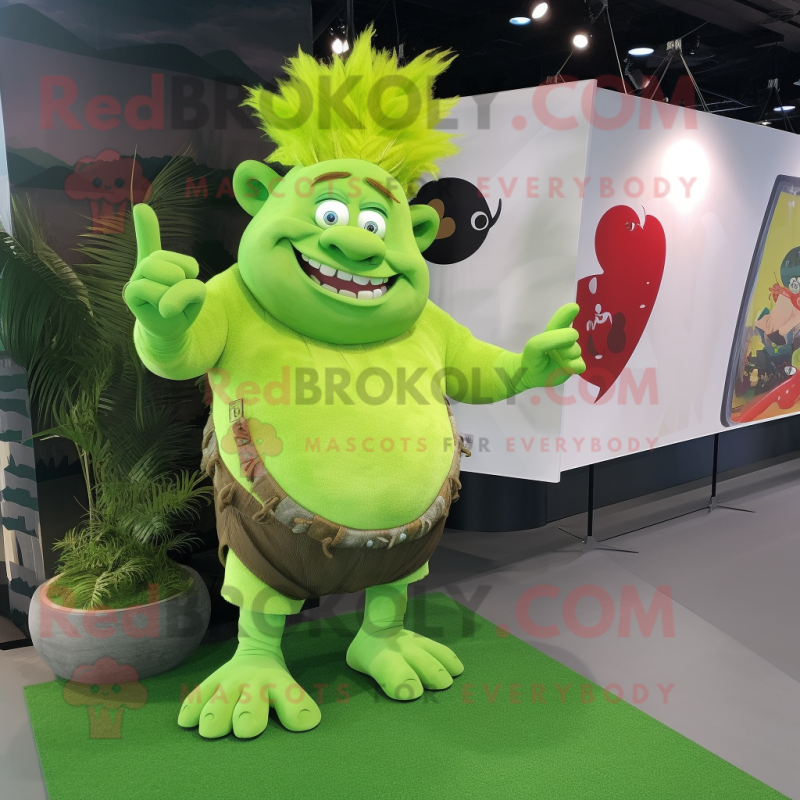 Lime Green Ogre mascot costume character dressed with a Cargo Shorts and Hair clips