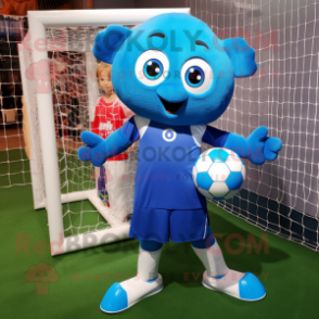 Blue Soccer Goal mascot costume character dressed with a Shift Dress and Mittens