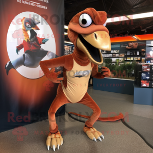 Rust Dimorphodon mascot costume character dressed with a Running Shorts and Gloves