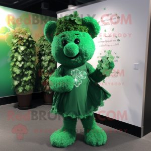 Green Bunch Of Shamrocks mascot costume character dressed with a T-Shirt and Shawl pins