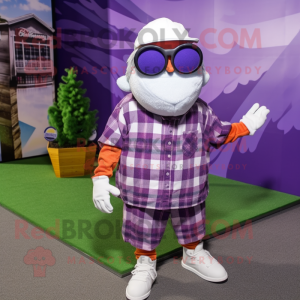 Purple Golf Ball mascot costume character dressed with a Flannel Shirt and Sunglasses