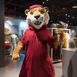 Maroon Smilodon mascot costume character dressed with a Shift Dress and Beanies