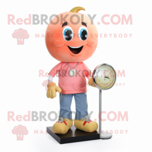 Peach Gumball Machine mascot costume character dressed with a Bootcut Jeans and Bracelet watches