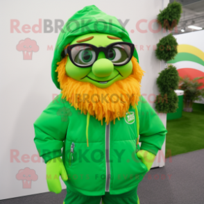 Lime Green Leprechaun mascot costume character dressed with a Windbreaker and Eyeglasses