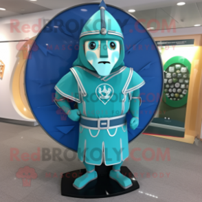Cyan Celtic Shield mascot costume character dressed with a Suit Pants and Caps
