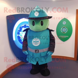 Cyan Celtic Shield mascot costume character dressed with a Suit Pants and Caps