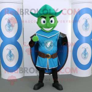 Cyan Celtic Shield mascot costume character dressed with a Suit Pants and Caps