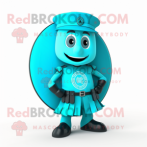 Cyan Celtic Shield mascot costume character dressed with a Suit Pants and Caps