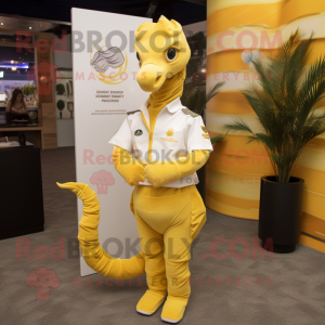 Gold Sea Horse mascot costume character dressed with a Henley Tee and Pocket squares