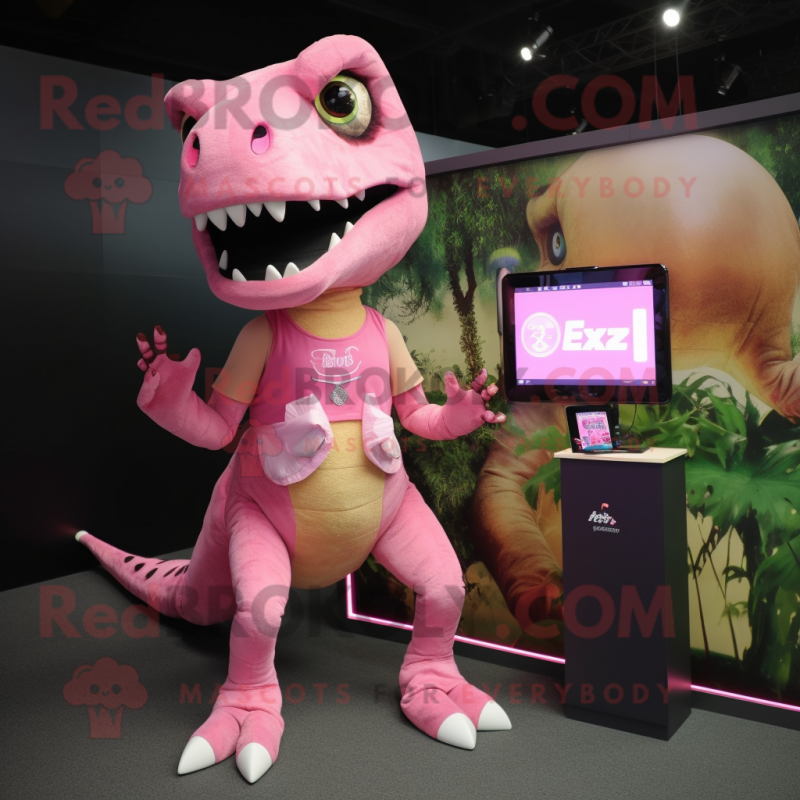 Pink T Rex mascot costume character dressed with a Mini Skirt and Digital watches