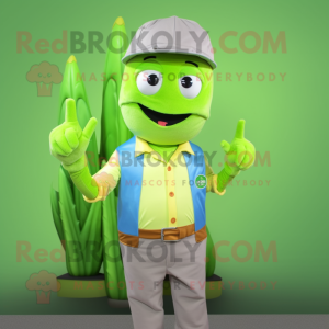 Lime Green Asparagus mascot costume character dressed with a Button-Up Shirt and Hats