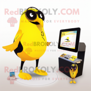 Yellow Blackbird mascot costume character dressed with a One-Piece Swimsuit and Digital watches