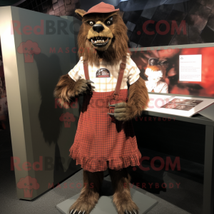 Rust Werewolf mascot costume character dressed with a Empire Waist Dress and Berets
