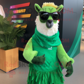 Green Llama mascot costume character dressed with a Wrap Skirt and Sunglasses