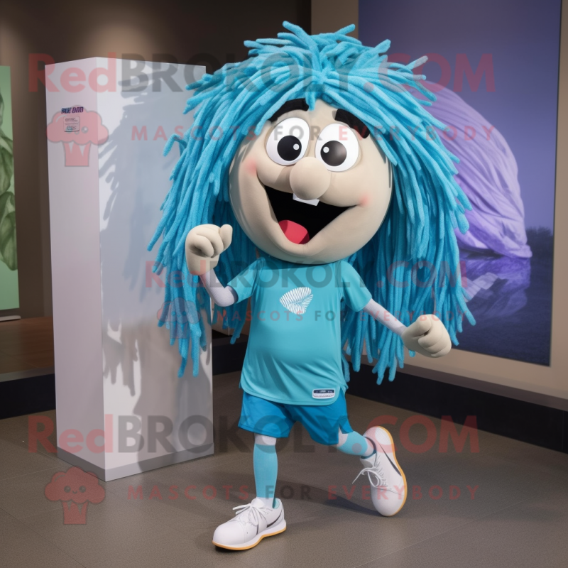 Cyan Spaghetti mascot costume character dressed with a Running Shorts and Earrings