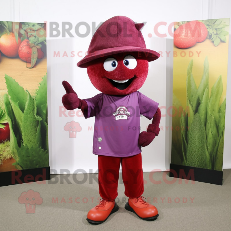 Maroon Grape mascot costume character dressed with a Shorts and Hat pins