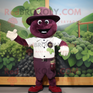 Maroon Grape mascot costume character dressed with a Shorts and Hat pins