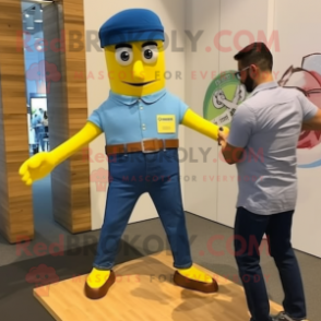 Yellow Knife Thrower mascot costume character dressed with a Chambray Shirt and Smartwatches