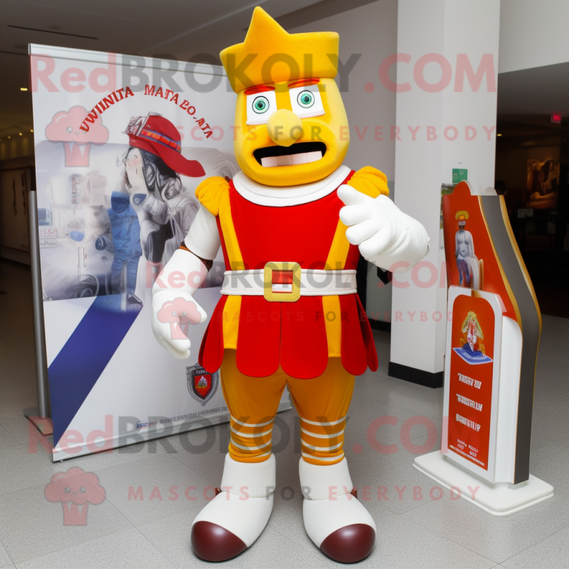 Cream Swiss Guard mascot costume character dressed with a Skinny Jeans and Brooches