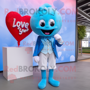 Sky Blue Love Letter mascot costume character dressed with a Suit Pants and Tie pins