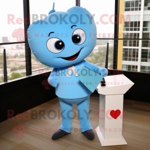 Sky Blue Love Letter mascot costume character dressed with a Suit Pants and Tie pins