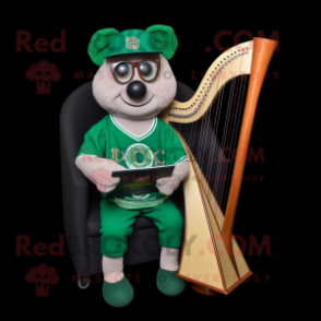 Green Celtic Harp mascot costume character dressed with a Baseball Tee and Reading glasses