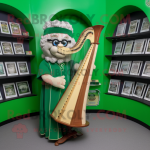 Green Celtic Harp mascot costume character dressed with a Baseball Tee and Reading glasses