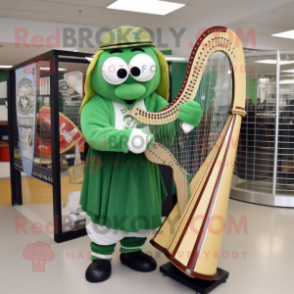 Green Celtic Harp mascot costume character dressed with a Baseball Tee and Reading glasses